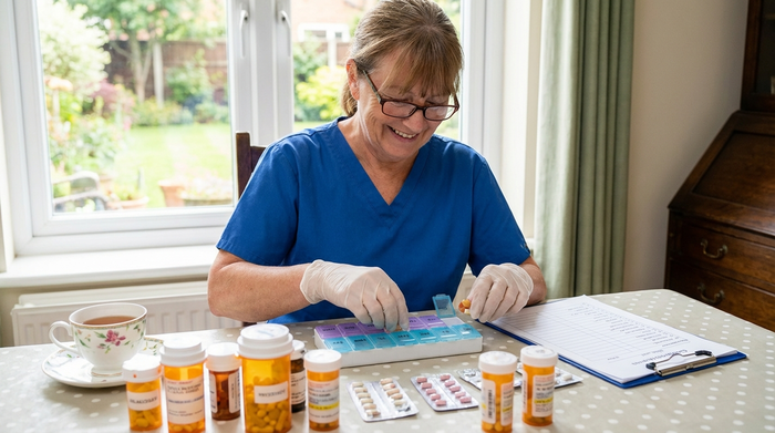 Pflegekraft sortiert sorgfältig Medikamente in eine Tablettenbox auf dem Tisch.