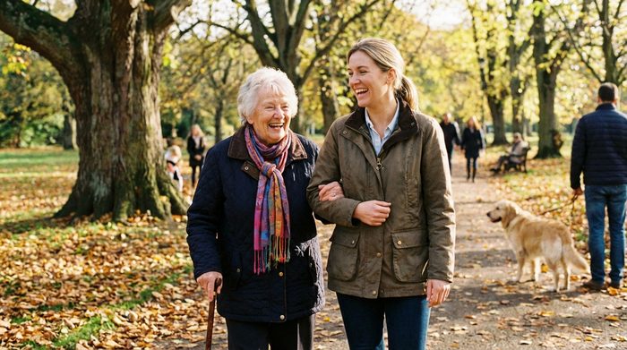 Seniorin und Pflegerin spazieren gemeinsam fröhlich durch einen Park.