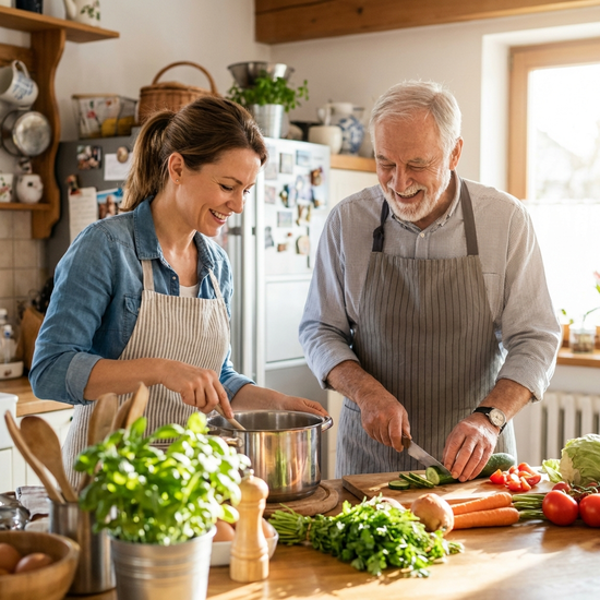 Betreuungskraft bereitet gemeinsam mit einem Senior eine frische Mahlzeit in der Küche zu.