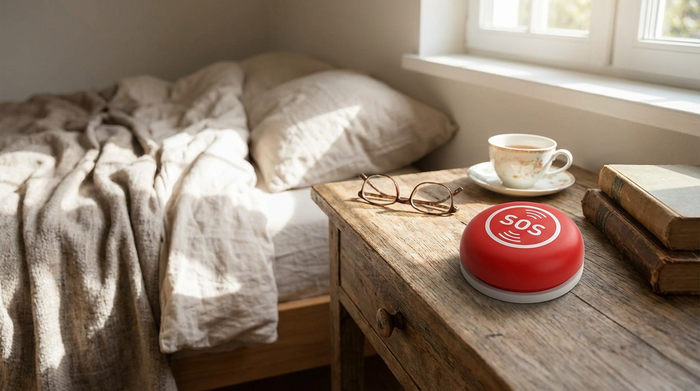 Roter Hausnotruf-Knopf liegt griffbereit auf einem hölzernen Nachttisch neben dem Bett.