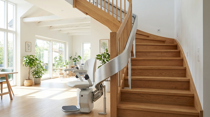 Moderner Sitz-Treppenlift ist an einer Holztreppe in einem hellen Einfamilienhaus montiert.