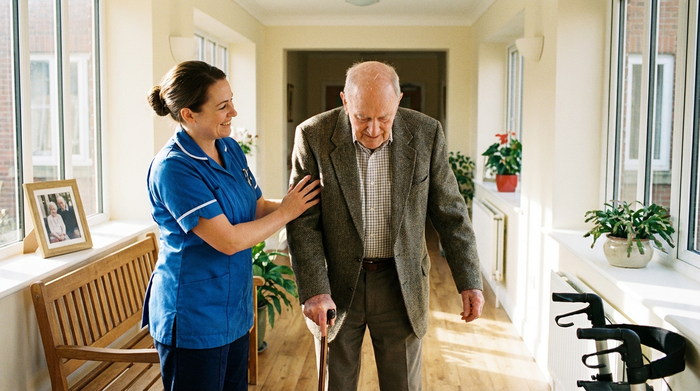 Freundliche Pflegerin hilft älterem Herrn behutsam beim Anziehen einer Jacke im hellen Flur
