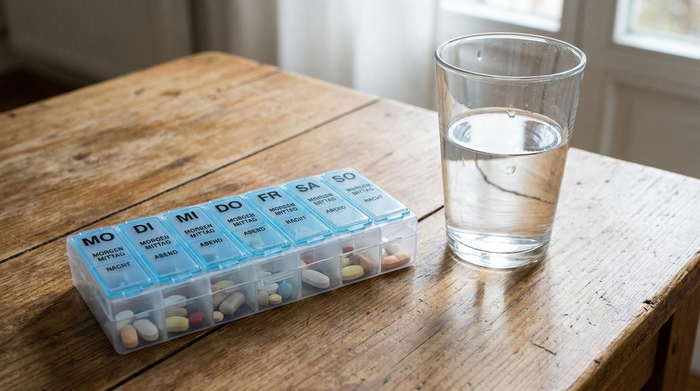 Medikamenten-Dispenser und ein Glas Wasser bereitgestellt auf einem sauberen Holztisch