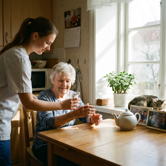 Pflegerin reicht einer Seniorin am Küchentisch behutsam ein Glas Wasser