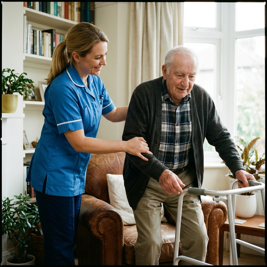 Pflegekraft stützt einen älteren Mann sicher beim Aufstehen aus einem gemütlichen Sessel