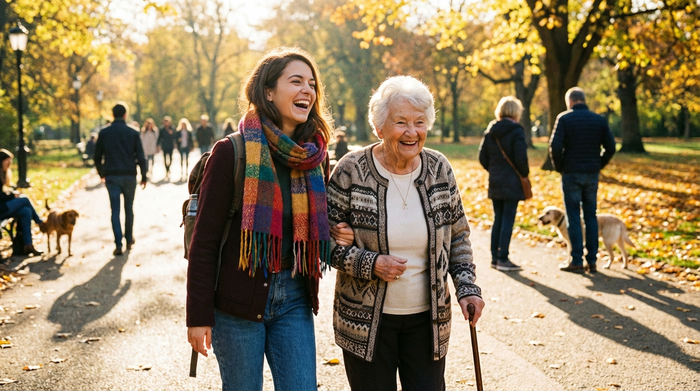 Junge Alltagsbegleiterin und Seniorin spazieren fröhlich nebeneinander durch einen sonnigen Park