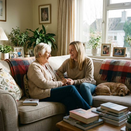 Seniorin sitzt gemeinsam mit ihrer Tochter entspannt auf dem heimischen Sofa