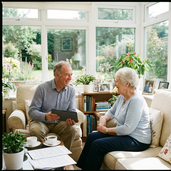 Medizinischer Gutachter im freundlichen Gespräch mit einer Seniorin im hellen Wohnzimmer