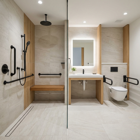 Modernes, barrierefreies Badezimmer mit bodengleicher Dusche und stabilen Haltegriffen