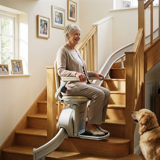 Seniorin fährt sicher und entspannt mit einem modernen Treppenlift ins obere Stockwerk