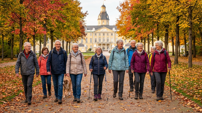 Aktive Senioren spazieren entspannt durch den herbstlichen Schlosspark in Karlsruhe