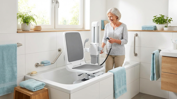 Sicherer Badewannenlift in einem hellen, freundlichen Badezimmer