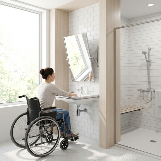 Unterfahrbares Waschbecken mit klappbarem Spiegel in einem hellen Bad