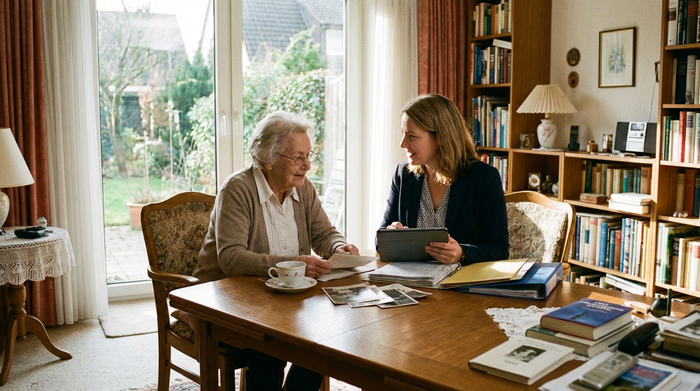 Gutachterin im Gespräch mit einer älteren Dame am Wohnzimmertisch