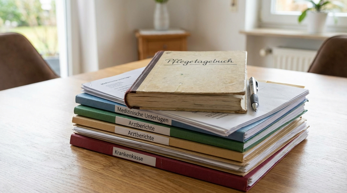 Pflegetagebuch und medizinische Unterlagen liegen geordnet bereit