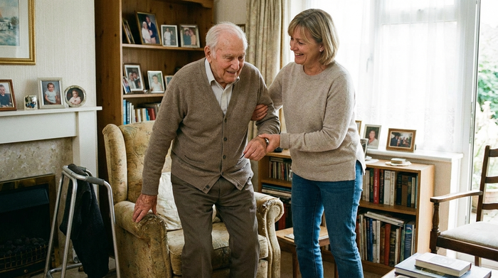 Pflegender Angehöriger unterstützt Senior beim Aufstehen aus dem Sessel