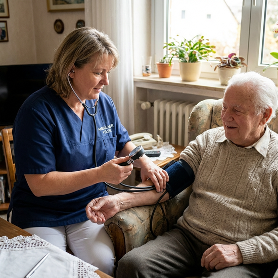 Ambulante Pflegerin misst behutsam den Blutdruck bei einem Senior