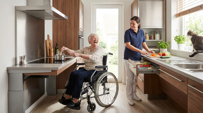 Betreuungskraft und Seniorin kochen gemeinsam freudig in einer modernen, barrierefreien Küche
