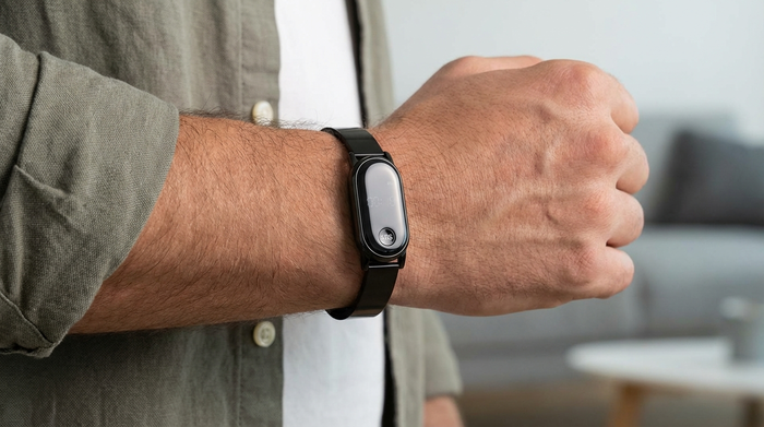 Moderner Hausnotruf-Sender diskret am Handgelenk getragen