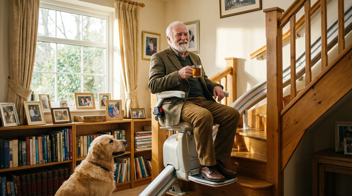 Senior fährt entspannt und sicher mit einem Treppenlift