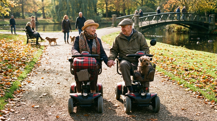 Älteres Ehepaar auf Elektromobilen bei einem Ausflug im Park