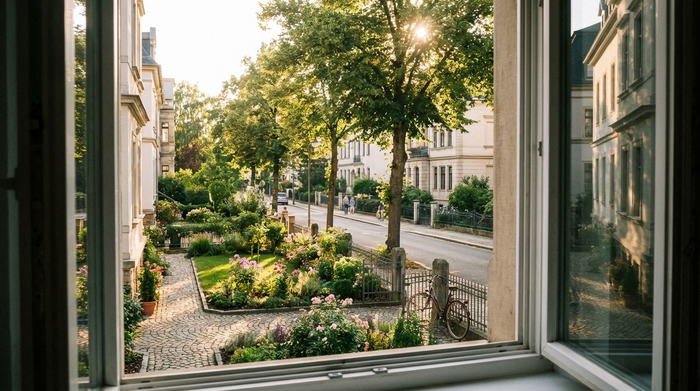 Blick aus dem Fenster auf eine ruhige, grüne Wohnstraße in Chemnitz mit gepflegten Vorgärten im Sonnenlicht