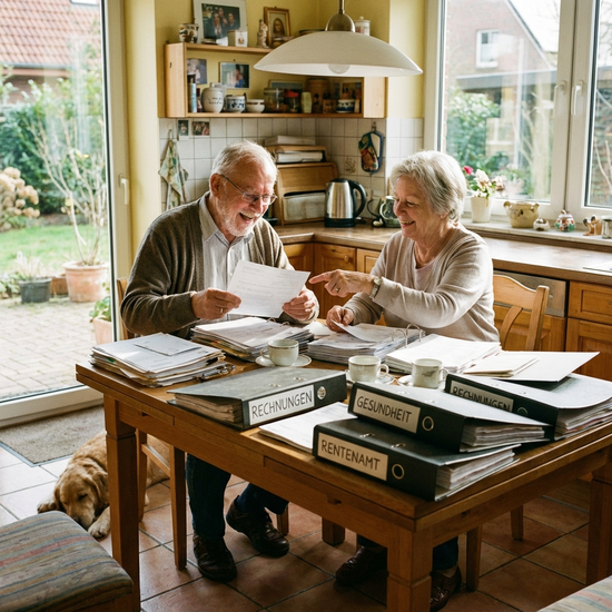 Seniorenpaar am Küchentisch sortiert Papiere und Dokumente in verschiedene Ordner