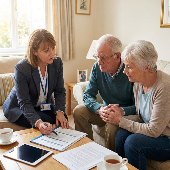 Professionelle Pflegeberaterin erklärt einem Seniorenpaar aufmerksam ein Dokument