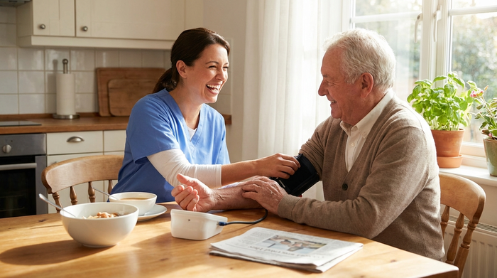 Freundliche Pflegekraft in blauer Berufskleidung misst den Blutdruck eines Seniors am Küchentisch