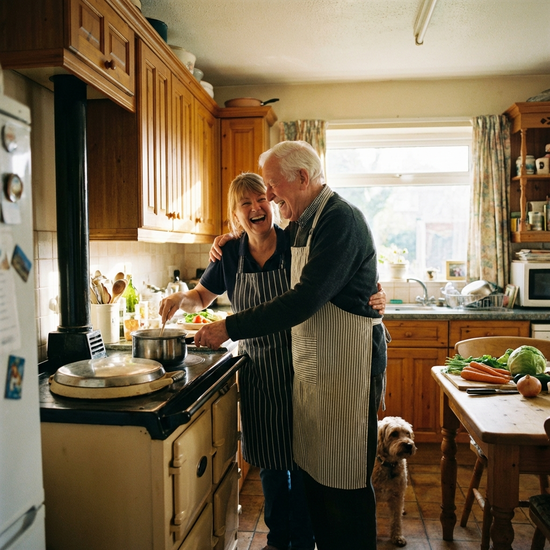 Pflegekraft und Senior kochen gemeinsam und lachen am Herd in der heimischen Küche