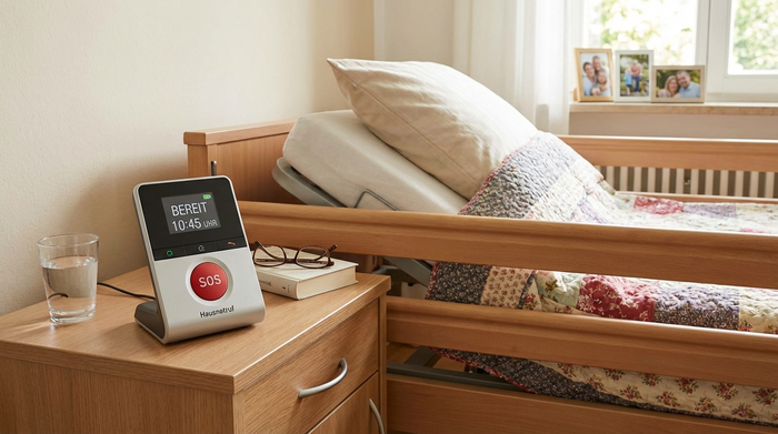 Hausnotruf-Gerät mit rotem Knopf auf einem Nachttisch neben dem Pflegebett