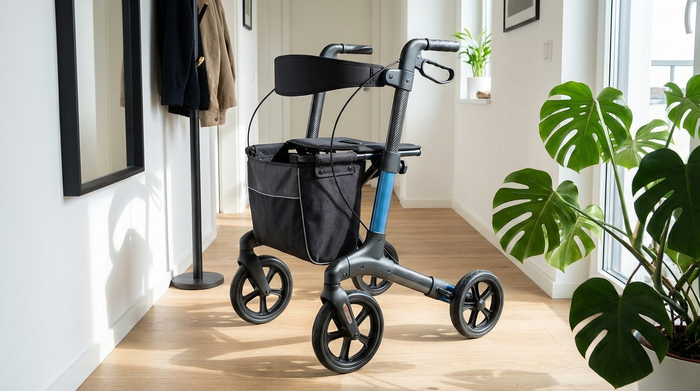 Moderner, faltbarer Leichtgewichtrollator steht bereit im Flur einer Wohnung