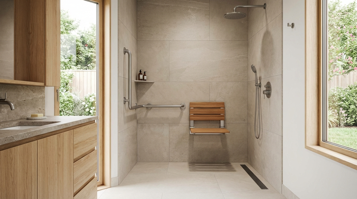 Barrierefreie, bodengleiche Dusche mit Haltegriff und Duschklappsitz in einem modernen Badezimmer