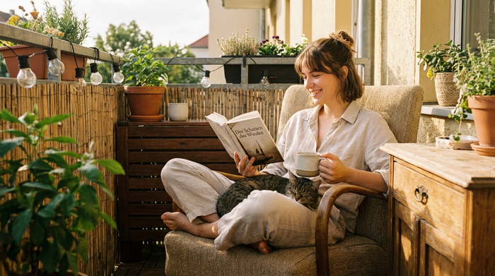 Entspannte Tochter sitzt lesend mit einer Tasse Kaffee auf dem Balkon im Sonnenschein