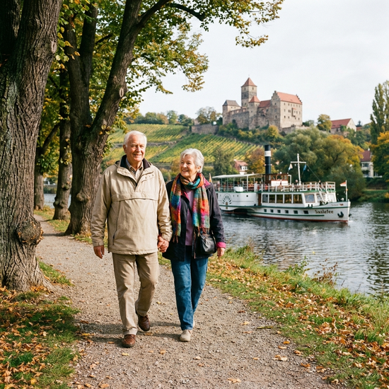 Seniorenpaar spaziert entspannt an der Saale entlang