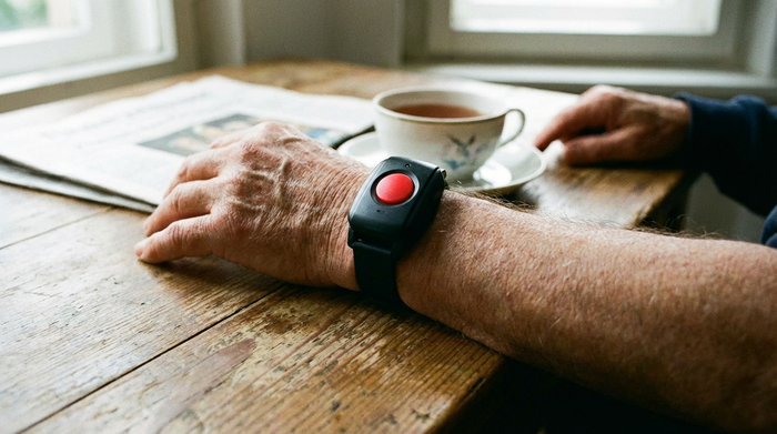 Hausnotruf-Armband am Handgelenk eines Seniors