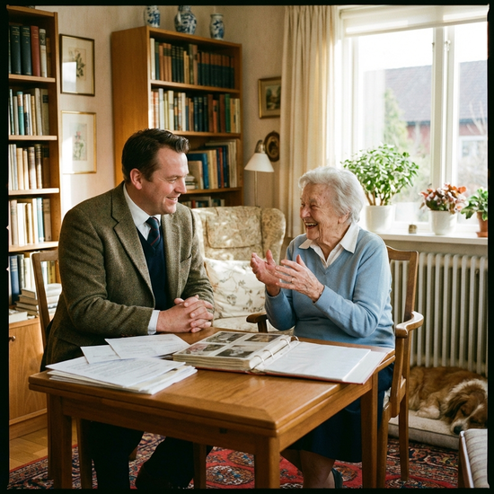 Gutachter im freundlichen Gespräch mit einer Seniorin