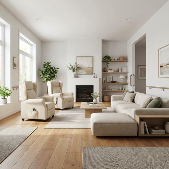 Ein barrierefreies und helles Wohnzimmer mit gemütlichen Sesseln