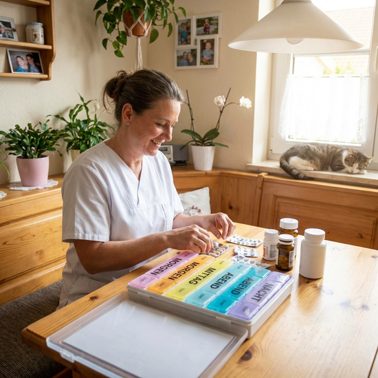 Pflegerin sortiert Medikamente in eine Tablettenbox