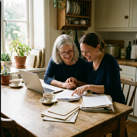 Seniorin und Tochter besprechen Unterlagen am Tisch