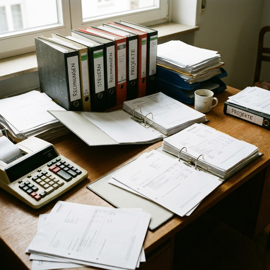 Ordner mit Dokumenten und ein Taschenrechner auf dem Schreibtisch