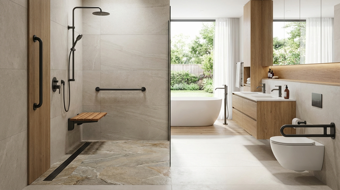 Modernes Badezimmer mit bodengleicher Dusche und Haltegriffen
