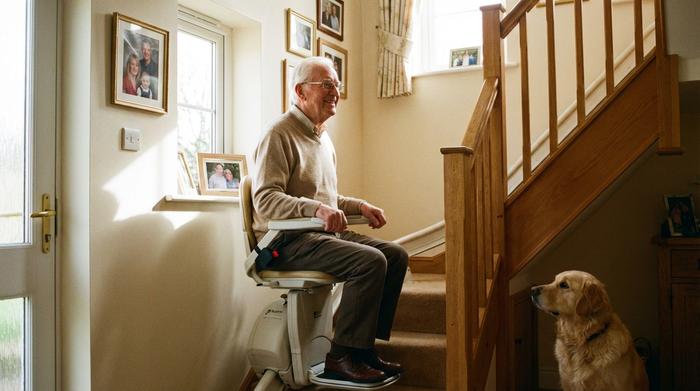 Senior fährt entspannt mit einem Sitzlift die Treppe hinauf