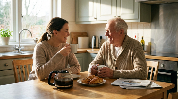 Freundliche Pflegekraft und lächelnder Senior sitzen gemeinsam am Küchentisch bei einer Tasse Kaffee