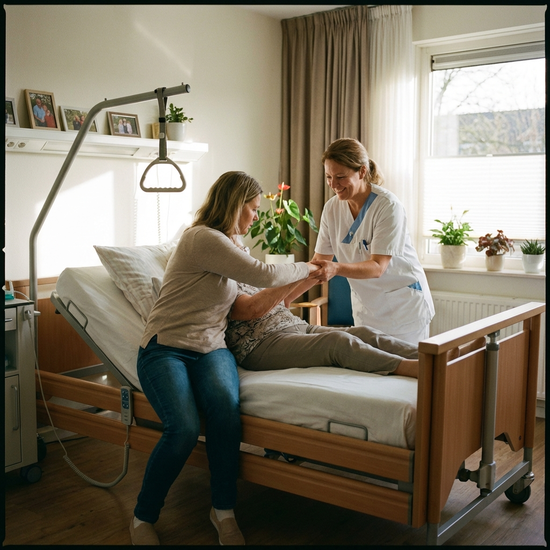 Pflegekraft zeigt einer Angehörigen schonende Handgriffe am Pflegebett