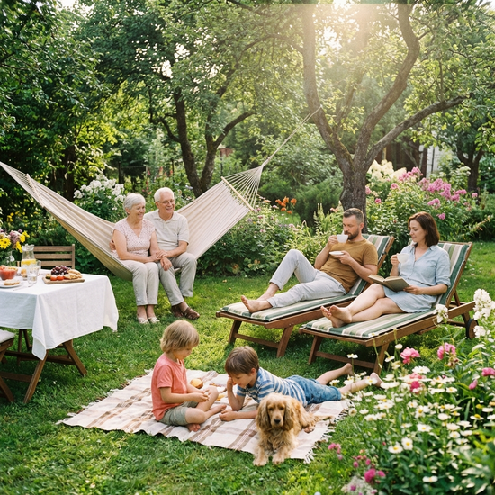 Entspannte Angehörige bei einer Pause im Garten