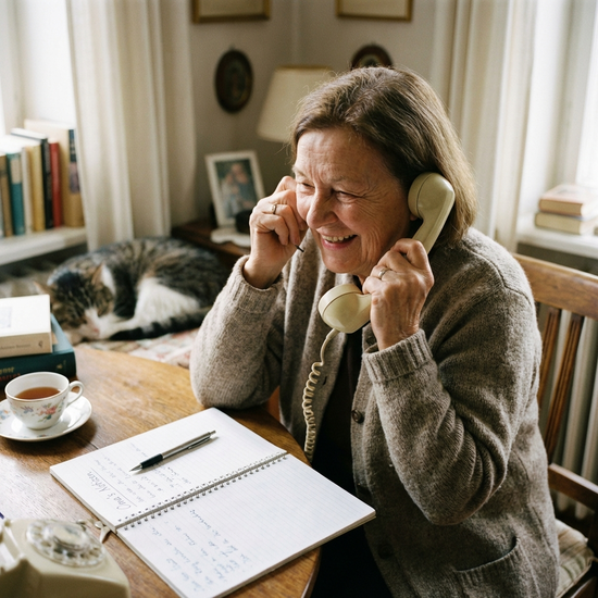 Ältere Dame telefoniert entspannt mit Notizblock auf dem Tisch