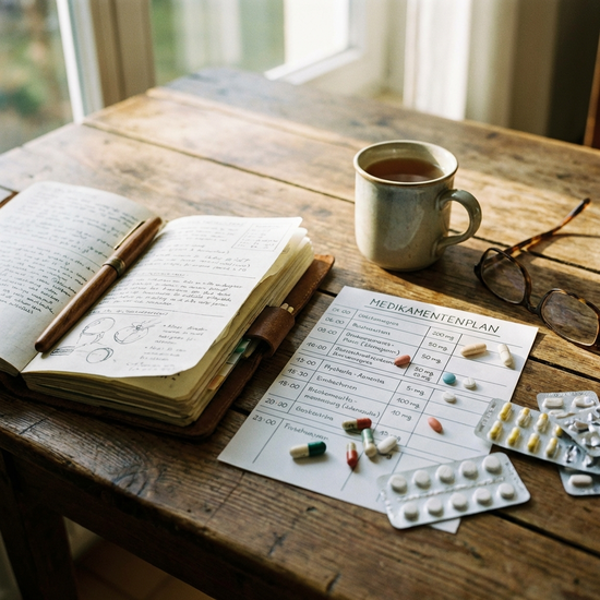Notizbuch mit Stift und Medikamentenplan auf einem Holztisch
