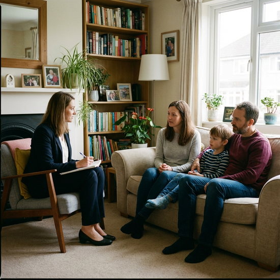 Gutachterin macht sich Notizen im Gespräch mit einer Familie im Wohnzimmer