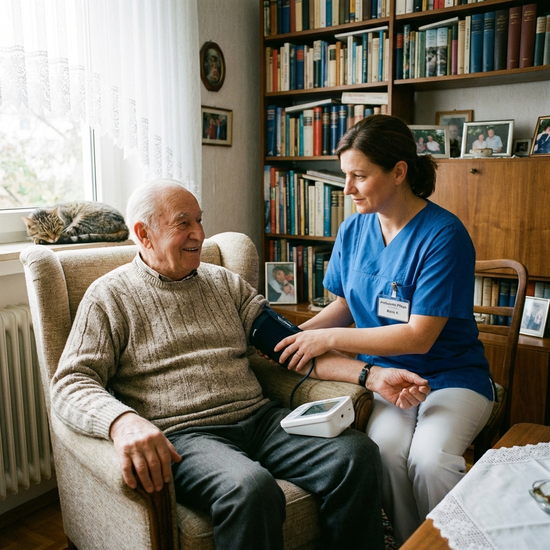 Ambulante Pflegekraft beim Blutdruckmessen bei einem Senior im Wohnzimmer